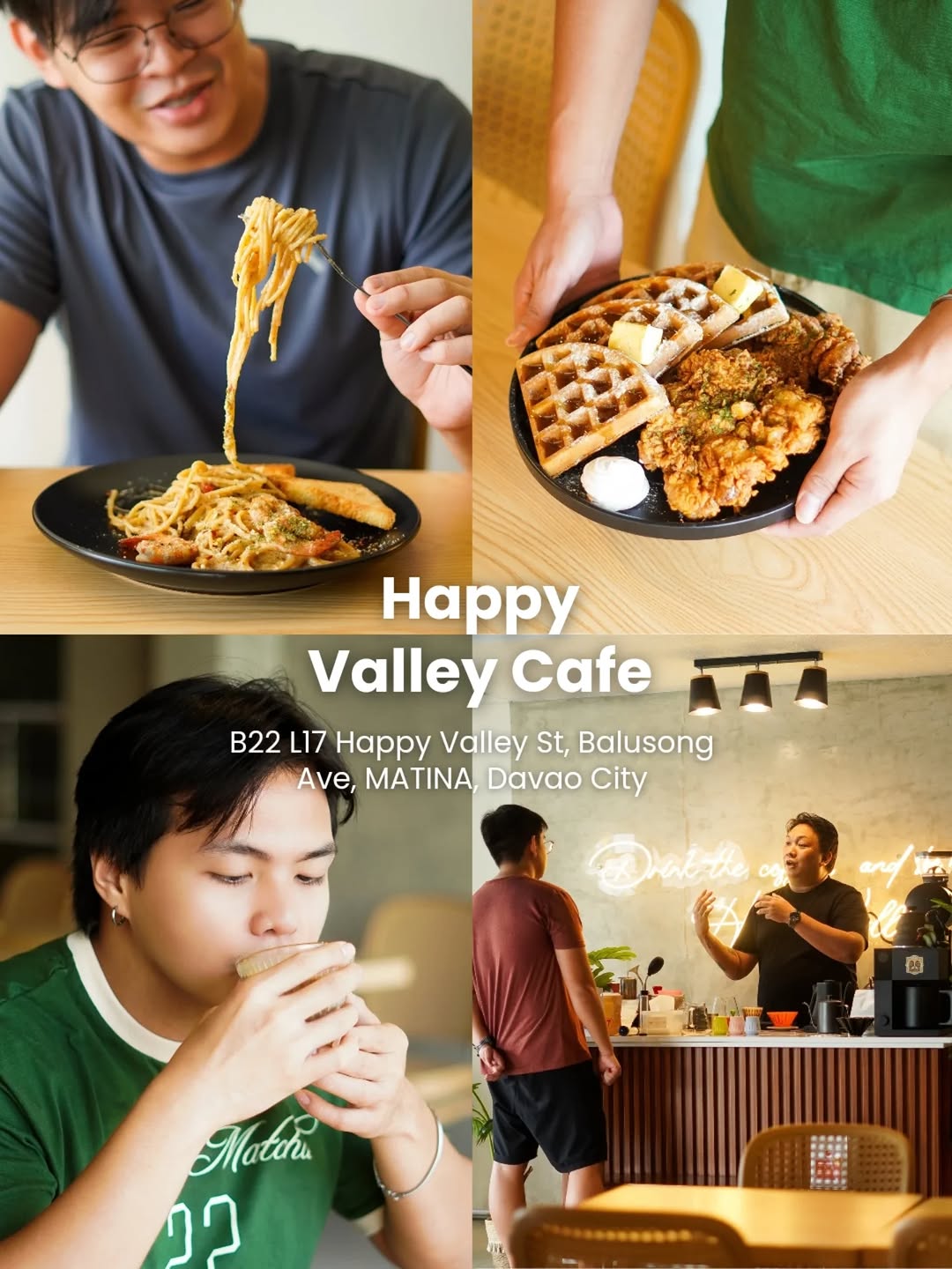 Happy Valley Café — pasta dish, waffle plate, guest enjoying coffee, and the barista station